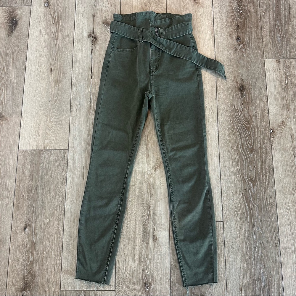 Revolve Pistolla Inez Paperbag Belted Skinny Jeans Pants Olive Green Casual 24